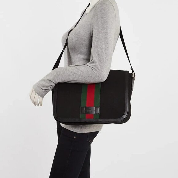 Gucci Black Canvas Techno Web Flap Messenger Bag - Picture 7 of 10